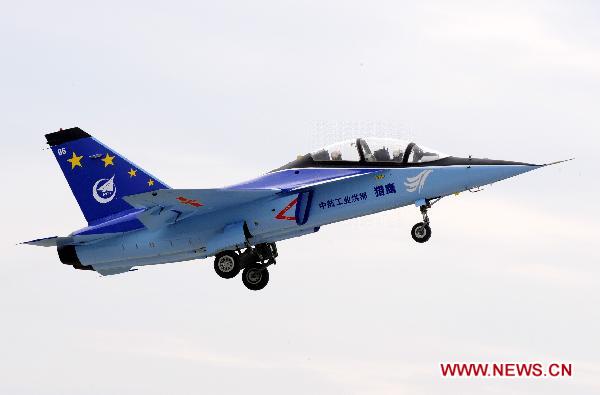 This June 8, 2009 file photo shows L15-05 trainer plane makes maiden flight in Nanchang, capital of East China's Jiangxi province. 