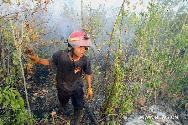 A firefighter walks through a field when trying to put out the forest fire in Cancun, the State of Quinatana Roo, south Mexico, May 15, 2011. [Xinhua/Barbara Dector]
