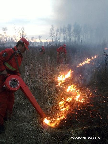 Fire-fighting personnel try to put out a wildfire in a forest under the administration of the Bailang forest bureau in the Dahinggan Mountains in the northeast area of north China&apos;s Inner Mongolia Autonomous Region, May 17, 2011. The naked flame had been extinguished Tuesday. The cause of the fire is still under investigation. 