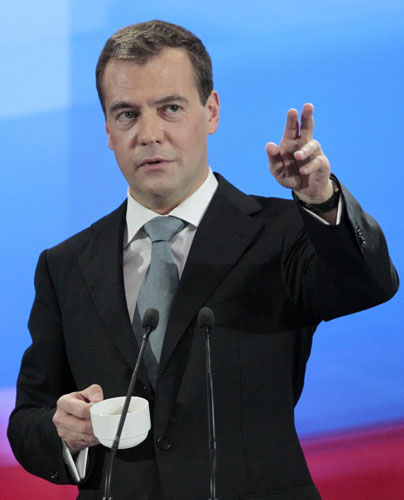 Russia's President Dmitry Medvedev gestures during a press conference at the Skolokovo innovation center outside Moscow May 18, 2011. 