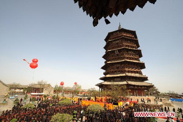 The undated file photo shows the Sakyamuni Pagoda in Yingxian County, north China's Shanxi Province. Authorities in north China's Shanxi Province said Sunday that they would finish the application for the Sakyamuni Pagoda, the oldest wooden structures in the world, by July for it to be included on the UNESCO list of cultural relics by 2013. 