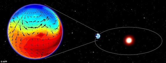 A model of the possible surface temperatures of planet Gliese 581d that orbits a red dwarf star called Gliese 581 (right), located around 20 light years from Earth