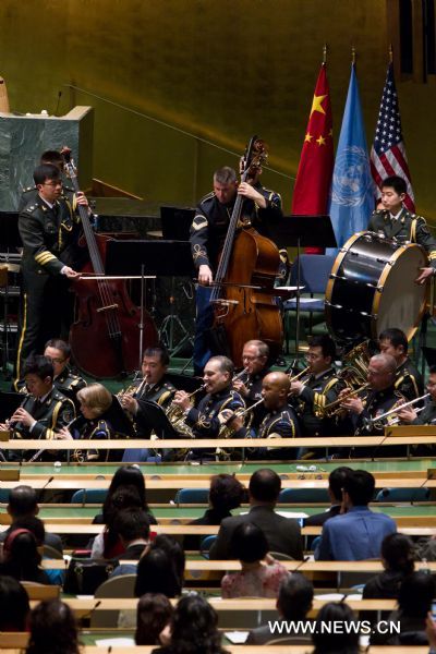 The Military Band of the People's Liberation Army of China and the Untied States Army Band 'Pershing's Own' perform during a joint concert at the United Nations headquarters in New York, the United States, May 20, 2011. 