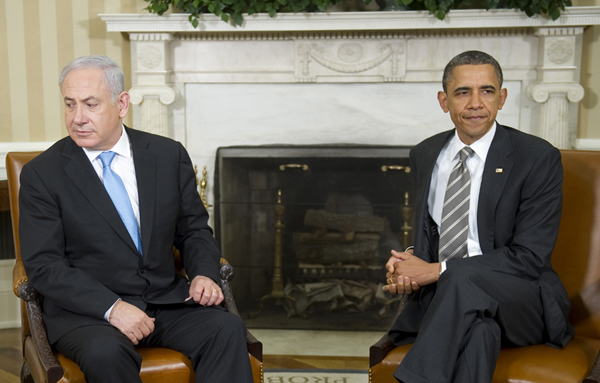 U.S. President Barack Obama (R) meets with Israeli Prime Minister Benjamin Netanyahu in the White House in Washington, DC. In a dramatic Oval Office appearance after two hours of talks, which ran considerably over time, Netanyahu warned that a 'peace based on illusions will crash eventually on the rocks of Middle Eastern reality.