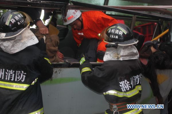 Rescuers move a victim out of a crashed coach at the site of a road accident in Dingyuan County, east China's Anhui Province, May 22, 2011. Five were killed and several others injured when a coach crashed into a truck. (Xinhua) (ljh) 