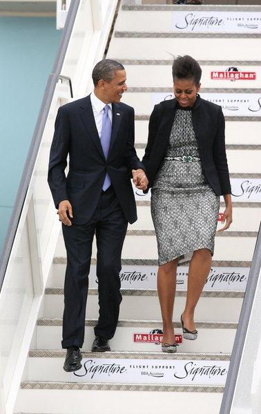 US President Barack Obama and first lady Michelle Obama arrive at the Dublin Airport. 