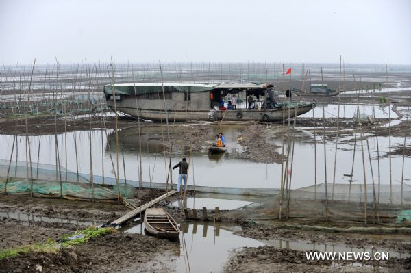 Photo taken on May 24, 2011 shows a big boat, residence for fisherman Shu Zhenjia&apos;s family, stranded in the partially dried-up Honghu Lake in Honghu City, central China&apos;s Hubei Province. Plagued by a severe drought which is spreading throughout China&apos;s southern regions, Honghu Lake has dwindled by a third in water surface and dropped down to less than 40 centimeters in its deepest place. (Xinhua/Hao Tongqian) (zn) 