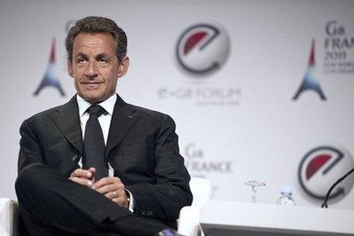 France's President Nicolas Sarkozy attends the e-G8 meeting gathering Internet and information technologies leaders and experts at the Tuileries gardens in Paris. 