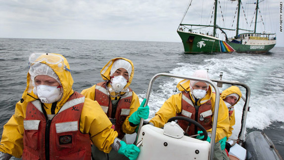 A Greenpeace crew tests waters off Japan for radiation contamination earlier this month. [Greenpeace] 