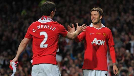 Manchester United's former player David Beckham and Gary Neville, during Neville's testimonial match against Juventus in Manchester.