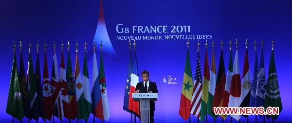 French President Nicolas Sarkozy attends a press conference during the G8 summit, in Deauville, northwestern France, on May 27, 2011. The leaders of the world's richest countries wrapped up a two-day summit here on Friday, pledging billions of dollars in a new partnership with the Arab world to promote desired change in the region. [Gao Jing/Xinhua]