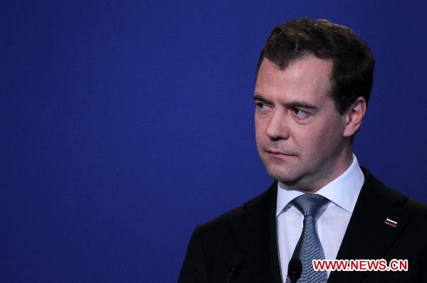 Russian President Dmitry Medvedev attends a press conference during the G8 summit, in Deauville, northwestern France, on May 27, 2011. [Gao Jing/Xinhua]