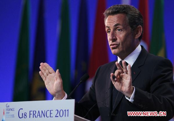 French President Nicolas Sarkozy attends a press conference during the G8 summit, in Deauville, northwestern France, on May 27, 2011. [Gao Jing/Xinhua]