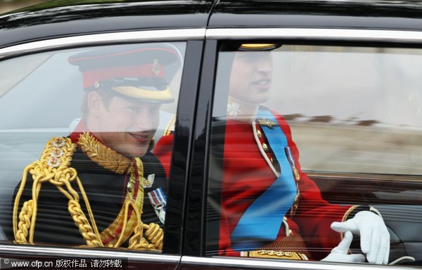Prince Harry (L) and Prince William arrive for the Royal Wedding of Prince William to Catherine Middleton at Westminster Abbey on April 29, 2011 in London.