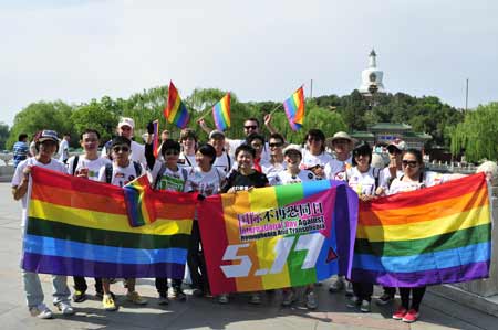 Volunteers from Beijing Lesbian Gay Bisexual and Transgender Center(LGBT), Tongyu, and Smile4Gay commemorate International Day Against Homophobia and Transphobia in Beijing on May 17.