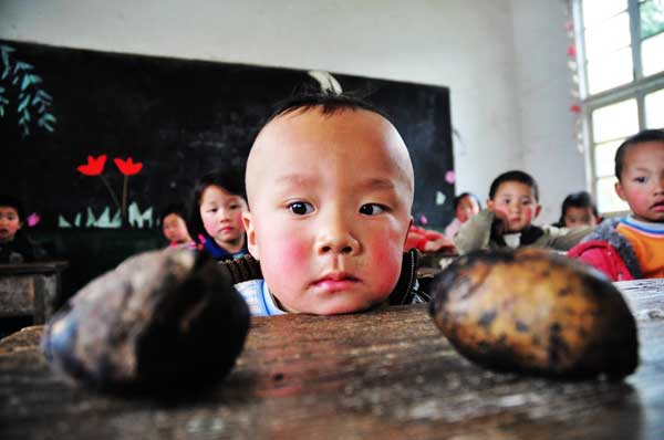 Peng Yi, 5, stares at two sweet potatoes on his desk at the primary school in Dapingpo village of Xinhuang county, in Hunan. Before the start of the free lunch program, his lunch had often consisted of two potatoes. 