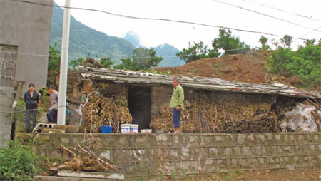 Li Yuxiu (second from left) and her husband, Wu Chengqiang (center), outside the shanty they cobbled together in Xiangjiadian village. They had to move out of their crumbling home, which was two meters above the Three Gorges Dam's 175-meter storage level. [China Daily] 