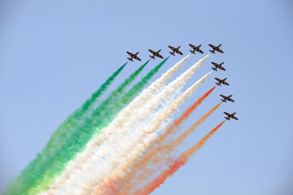 Italian flights MB-339 preform during acrobatic flights performance in Izmir, Turkey, on June 4, 2011. Turkey hosts big acrobatic flights in western province of Izmir on June 4 and 5, which is organized by the Turkish Air Force, marking the 100th anniversary of the establishment of the Turkish Air Force. [Ma Yan/Xinhua]