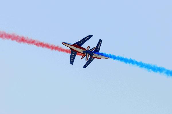 French flights ALPHA JET preform during acrobatic flights performance in Izmir, Turkey, on June 4, 2011. Turkey hosts big acrobatic flights in western province of Izmir on June 4 and 5, which is organized by the Turkish Air Force, marking the 100th anniversary of the establishment of the Turkish Air Force. [Ma Yan/Xinhua]