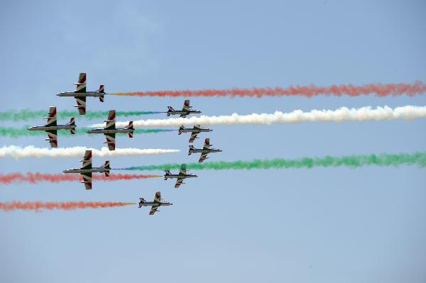 Italian flights MB-339 preform during acrobatic flights performance in Izmir, Turkey, on June 4, 2011. Turkey hosts big acrobatic flights in western province of Izmir on June 4 and 5, which is organized by the Turkish Air Force, marking the 100th anniversary of the establishment of the Turkish Air Force. [Ma Yan/Xinhua]