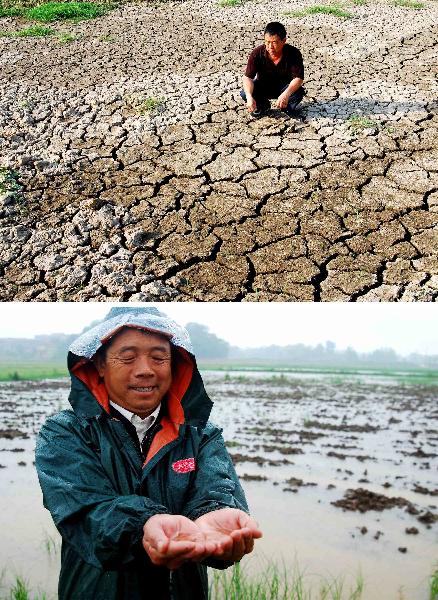 (Top): Zhang Guozhou, a farmer in Chengzi township, Jiujiang county in Jiangxi province, looks at the rice field in which he cannot plant because of drought on May 20. (Above): Zhang Guozhou smiles as rainwater fills his hands on Saturday. [Xinhua] 
