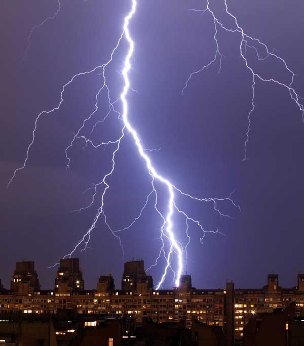Lightning strikes over buildings in Belgrade