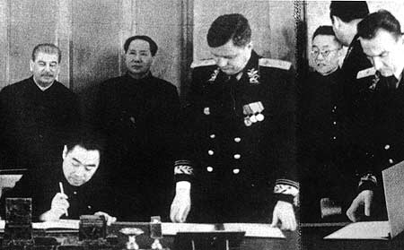 Between December 1949 and February 1950, Mao Zedong paid a visit to the Soviet Union. The two governments signed the “Sino-Soviet Treaty of Friendship, Alliance and Mutual Assistance” and other agreements. Premier and concurrently Foreign Minister Zhou Enlai is shown here signing the treaty on February 14, 1950. 