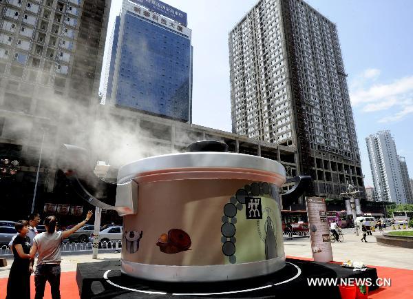 A giant pot model with 4-meter diameter is seen in front a mall in Shenyang, capital of northeast China&apos;s Liaoning Province, June 13, 2011. [Xinhua]