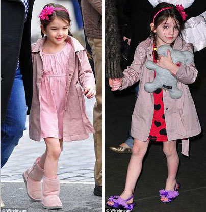 Fancy footwear: Suri Cruise, pictured in US$110 Ugg boots (left) in March and purple satin heels (right) later that day, has a shoe collection believed to be worth over US$150,000.