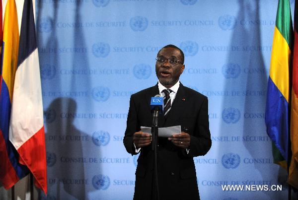 Noel Nelson Messone, Gabon's UN ambassador whose country holds the rotating Council presidency for the month of June, makes an announcement to the press at UN headquarters in New York, June 17, 2011. The UN Security Council on Friday 'adopted by acclamation' a resolution to nominate incumbent UN Secretary-General Ban Ki-moon for a second five-year term, the Council president told reporters here. [Shen Hong/Xinhua]