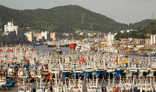 Fishing boats gather in a safe harbour in Zhoushan, east China's Zhejiang Province, June 24, 2011. Fishermen in east China's Zhoushan have been taking precaution against Meari, a tropical storm which is about to hit the region Saturday afternoon. Surrounded by the East China Sea, Zhoushan is a major fishery center in China. (Xinhua/Hu Sheyou) 