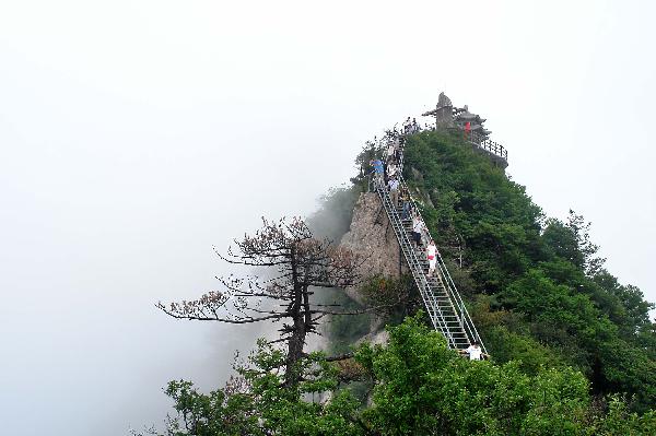 A peak is shrouded by the fog after a rainfall in the scenery spot of Laojunshan Mountain in Luanchuan County, central China's Henan Province, June 25, 2011. [Xinhua/Wang Song]