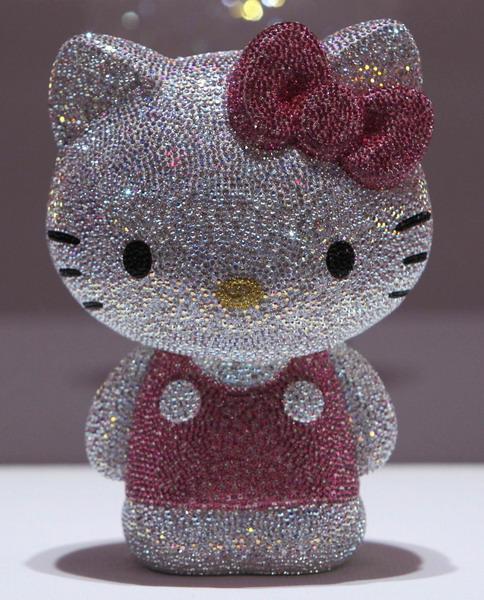 A Hello Kitty figurine, studded with a total of 19,636 Swarovski crystals, is displayed during a press preview of Swarovski's Hello Kitty collection at an event entitled 'House of Hello Kitty' in Tokyo on June 29, 2011.
