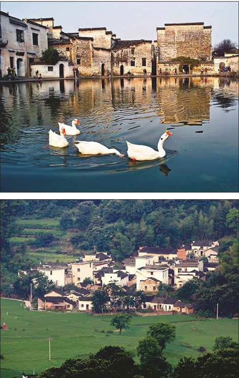 Top: White geese swim in the dark green tranquil waters of the village pond. Bottom: Hongcun is the perfect picture of idyllic rural life, seemingly caught in a time warp. Shi Guangde / For China Daily