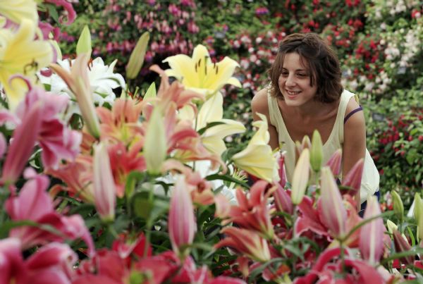 Visitor Alba Gonzalez poses for a photograph with lillies on press day at the Hampton Court Palace Flower Show at Kingston-upon-Thames in south west London Visitor Alba Gonzalez poses for a photograph with lillies on press day at the Hampton Court Palace Flower Show at Kingston-upon-Thames in south west London July 4, 2011. (Xinhua/Reuters)