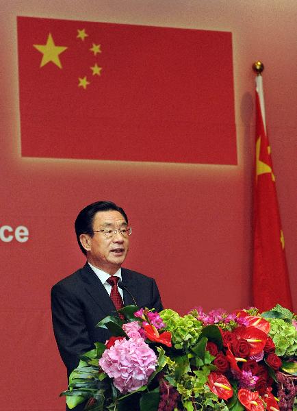 He Guoqiang, a member of the Standing Committee of the Political Bureau of the Communist Party of China (CPC) Central Committee and secretary of the CPC Central Commission for Discipline Inspection, speaks at the launching ceremony of 'the Chinese Language Year program in France' in Paris, France, July 4, 2011. 