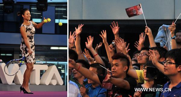 This combined photo shows Li Na (L) of China, the first Asian to win a Grand Slam title at the French Open, and her fans (R) during a celebration organized by the Women's Tennis Association (WTA) at Sanlitun SOHO in Beijing, China, July 5, 2011. (Xinhua/Gong Lei)