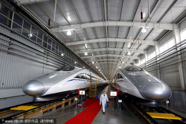 Production base of Beijing-Shanghai bullet train in Qingdao. The Beijing-Shanghai high-speed railway line, which started construction three years ago, will run trials for 10 days from June 9 to June 19 of this year.