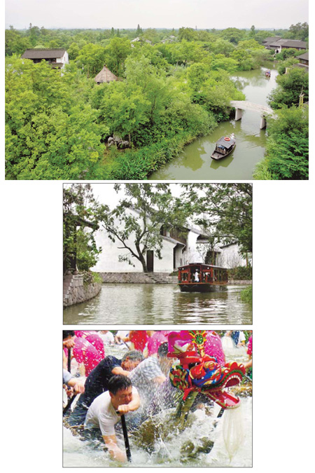 Main: Cruise boats drift along the waterways of the Xixi Wetlands past white-walled houses often hidden by the greenery. Alexis Hooi / China Daily Top: The slow boats will also bring visitors past waterfront houses built during the Qing Dynasty. Below: In season, the villagers compete in Dragon boat races, a tradition that they fiercely protect, even in turbulent times. Photos by Li Zhong / for China Daily