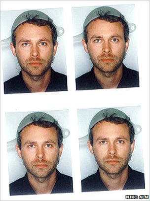 Passport photos of Niko Alm with a colander on his head