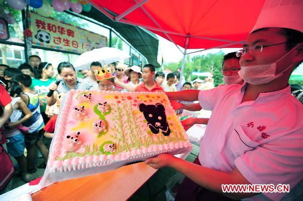 Giant panda Hua Ao enjoys his birthday gift, an ice 'cake' with fruit frozen inside, during its 4-year-old birthday party in Nanshan Zoo of Yantai City, east China's Shandong Province, July 16, 2011. More than 400 visitors witnessed the birthday party here Saturday. 