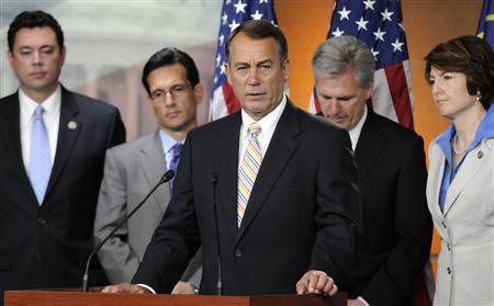 House Speaker John Boehner (R-OH) stands with Rep. Jason Chaffetz (R-UT), House Majority Leader Eric Cantor (R-VA), Republican Whip Rep. Kevin McCarthy (R-CA), and Rep. Cathy McMorris Rodgers (R-WA).