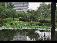 Moon Lake, also known as Yuehu, is located in the downtown district of Ningbo City. It is a great place for a picnic, stroll, or a paddle around the lake in one of the boats available for hire. [Photo by Cindy Chan]