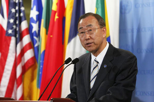 Secretary-General Ban Ki-moon speaks to journalists after a Security Council meeting on climate change. [United Nations] 