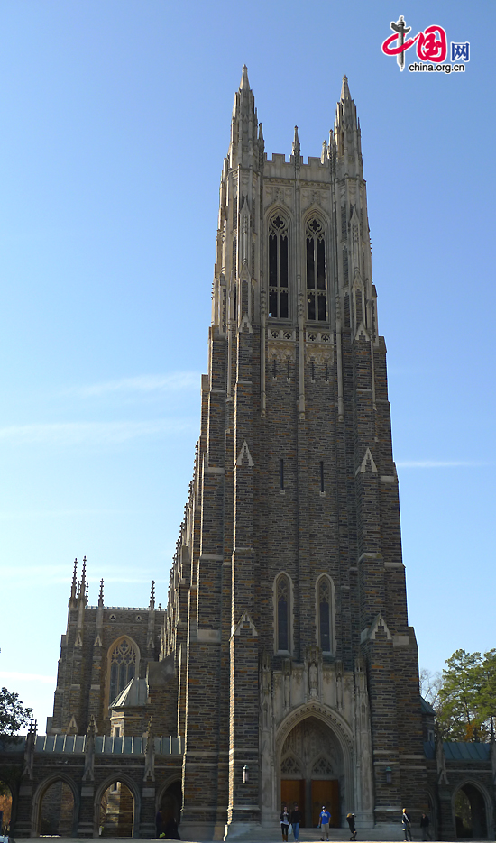 The Duke University Chapel, an example of neo-Gothic architecture in English style. Duke University is a private research university located in Durham, North Carolina, United States. [Photo by Xu Lin / China.org.cn]