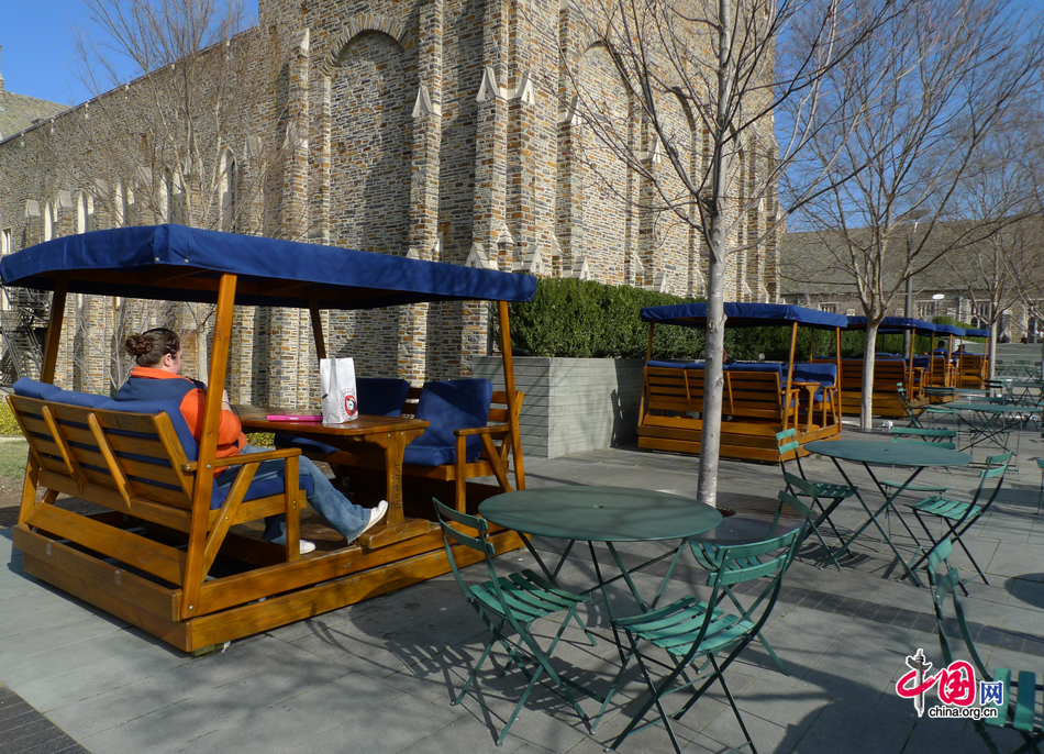 Rocking tables and chairs on the campus of Duke University, where the students may take a rest and have meals. [Photo by Xu Lin / China.org.cn]