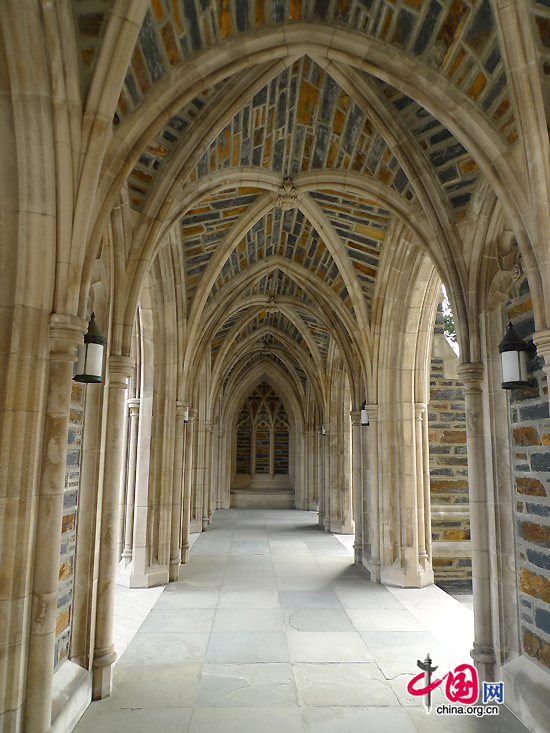 Side view of Duke University Chapel, an example of neo-Gothic architecture in English style. Duke University is a private research university located in Durham, North Carolina, United States. [Photo by Xu Lin / China.org.cn]