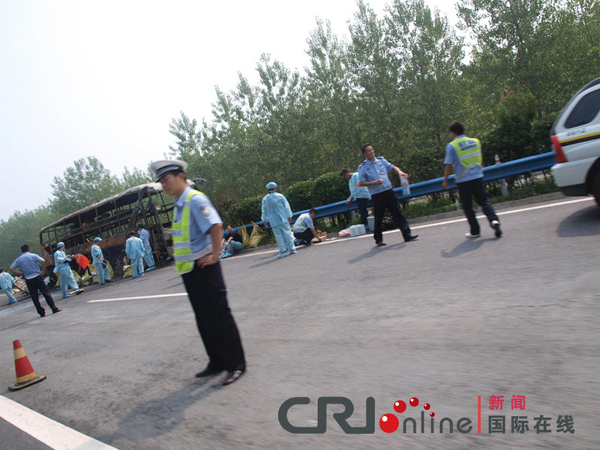 Forty-one people were killed and six were injured in a bus fire July 22, 2011 in Xinyang City, central China's Henan Province. The dead bodies were carbonized and could only be identified through DNA tests. The fire on the bus with 35 sleeper berths started at 4 a.m on a section of the Beijing-Zhuhai Highway in Xinyang. The injured were being treated in a local hospital. 