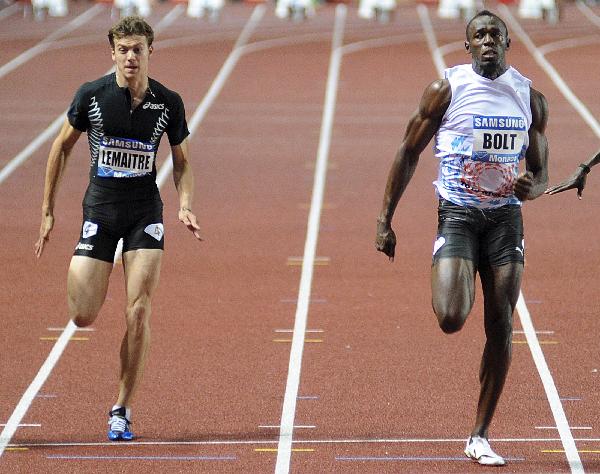 Usain Bolt of Jamaica reacts after winning the men's 100 metres event at the Herculis Diamond League athletics meeting at Louis II stadium in Monaco July 22, 2011. [Xinhua]