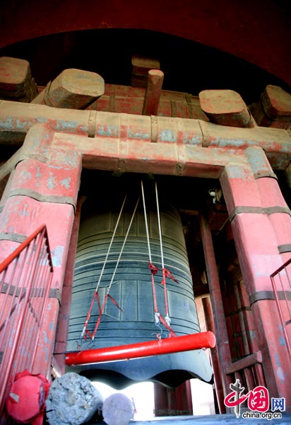 The huge bell inside the Beijing Bell Tower.
